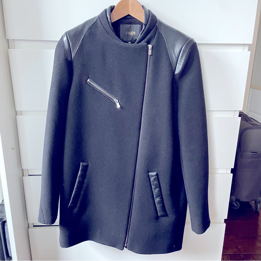 MAJE black winter coat with leather detailing, size 38